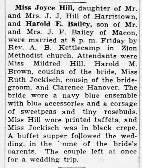 Joyce Hill and Harold E. Bailey Marriage 1935
